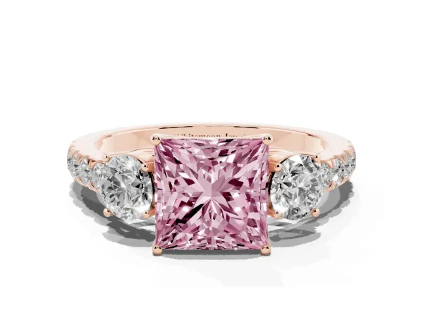 Fancy Pink Princess Cut Cut Diamond Three-Stone Ring with Round Side Stones and Pavé Band Rose gold