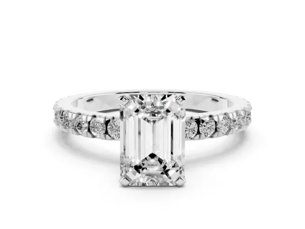 Emerald Cut Diamond Pavé Band Solitaire with Four-Prong Setting Platinum