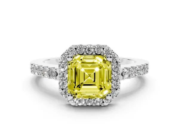 Fancy Yellow Asscher Cut Halo Diamond Pavé Solitaire Ring White gold