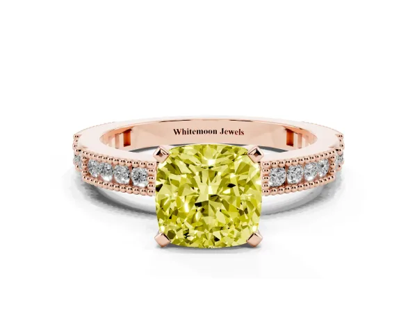 Fancy Yellow Cushion Cut Solitaire with Pavé Band and Four-Prong Setting Rose gold