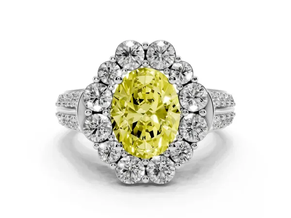 Fancy Yellow Oval Cut Halo Diamond Engagement Ring with Split Shank and Prong Setting Platinum