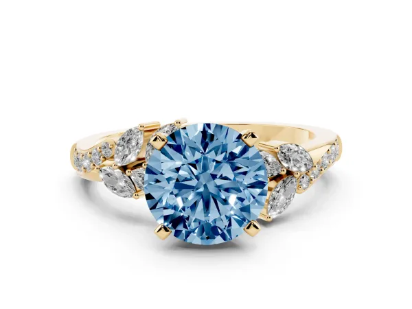Fancy Blue Round Cut Solitaire Marquise Twist Band with Six-Prong Setting Yellow gold