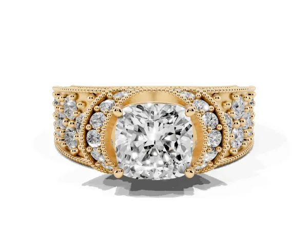 Cushion Cut Halo Pave Diamond Engagement Ring with Milgrain Detailing Yellow gold