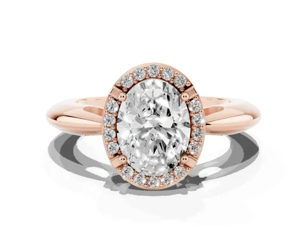 Oval Cut Cut Diamond Halo Engagement Ring with Split Shank and Four-Prong Setting Rose gold