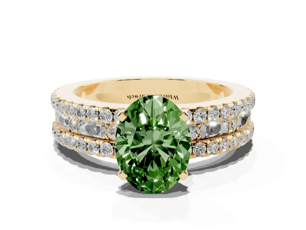 Fancy Green Oval Cut Diamond Solitaire Ring with Pavé and Channel Set Band Yellow gold