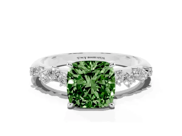 Fancy Green Cushion Cut Diamond Cluster Side Stone Solitaire Ring with Prong Setting Platinum