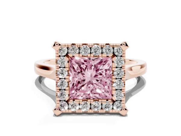 Fancy Pink Princess Cut Diamond Cluster Halo Solitaire with Four-Prong Setting Rose gold