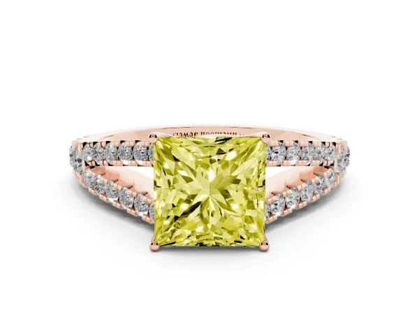 Fancy Yellow Princess Cut Diamond Split Shank Engagement Ring with Round Pavé and Prong Setting Rose gold
