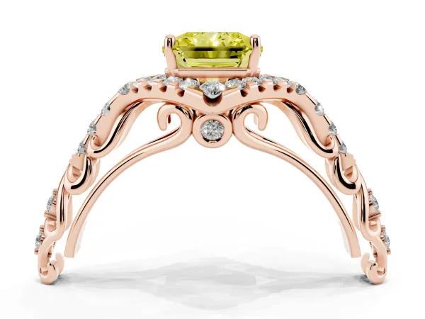 Fancy Yellow Radiant Cut Diamond Solitaire Ring with Hidden Halo and Pavé Band Rose gold