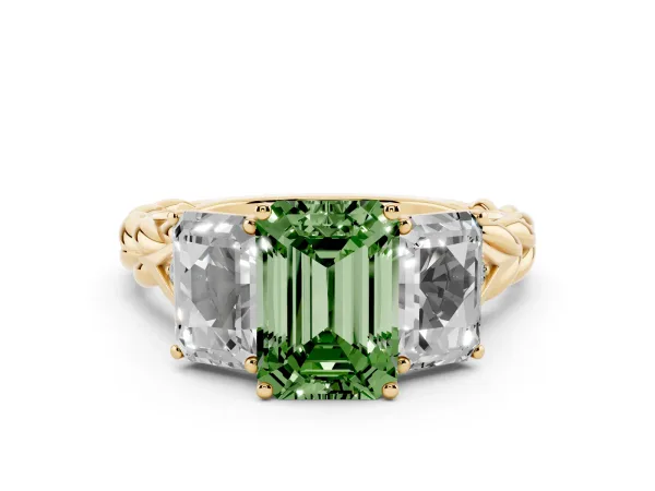 Fancy Green Three-Stone Emerald Cut Diamond Braided Band Ring with Four-Prong Setting Yellow gold