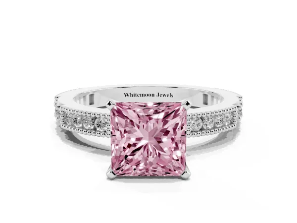 Fancy Pink Princess Cut Solitaire with Pavé Band and Four-Prong Setting White gold