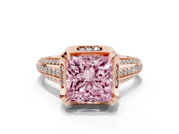 Fancy Pink Princess Cut Solitaire Pave Split Shank Ring with Four-Prong Setting Rose gold