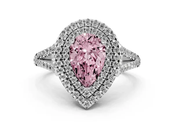Fancy Pink Pear Cut Diamond Double Halo Ring with Pavé Band and Prong Setting White gold
