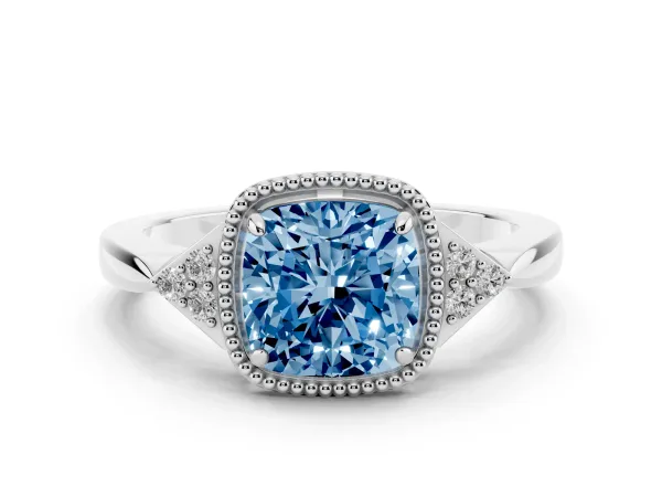Fancy Blue Cushion Cut Diamond Halo Ring with Tapered Band and Four-Prong Setting White gold