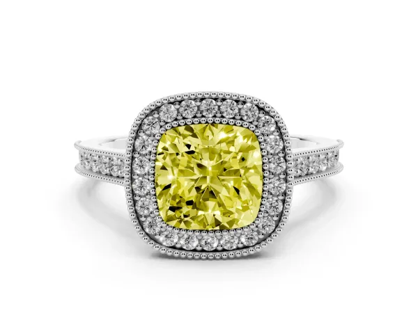 Fancy Yellow Halo Cushion Cut-Cut Diamond Pave Band Milgrain Prong Setting Ring Platinum