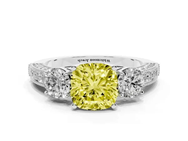 Fancy Yellow Cushion Cut Three-Stone Diamond Ring with Pavé Band and Four-Prong Setting White gold