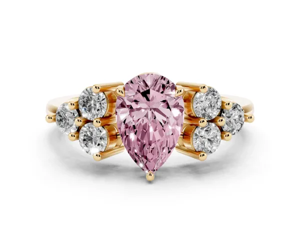 Fancy Pink Pear Cut Brilliant Diamond Cluster Accent Solitaire Ring with Prong Setting Yellow gold