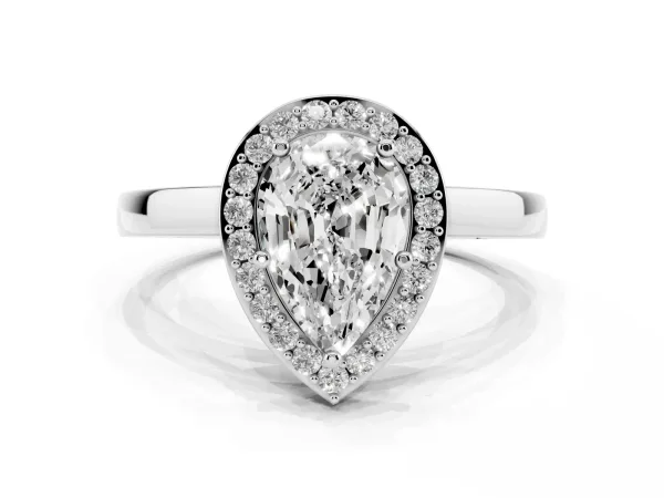 Pear Cut Halo Diamond Ring with Solitaire Band and Prong Setting Platinum
