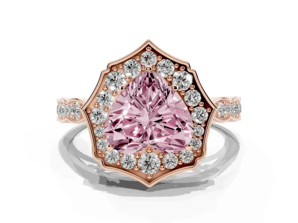 Fancy Pink Heart Cut Halo Diamond Engagement Ring with Milgrain Band and Four-Prong Setting Rose gold