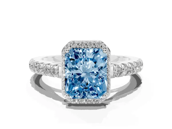 Fancy Blue Radiant Cut Cut Halo Diamond Engagement Ring with Pave Band and Four-Prong Setting White gold