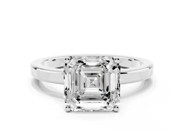 Asscher Cut Cut Solitaire Engagement Ring with Four-Prong Setting on a Classic Band Platinum