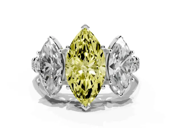 Fancy Yellow Three-Stone Marquise Cut Diamond Pavé Band with Prong Setting Platinum