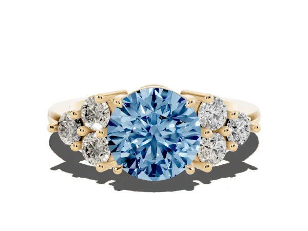 Fancy Blue Round Cut Brilliant Diamond Cluster Accent Solitaire Ring with Prong Setting Yellow gold
