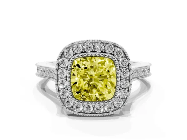 Fancy Yellow Cushion Cut Diamond Halo Ring with Milgrain Frame and Pavé Band White gold
