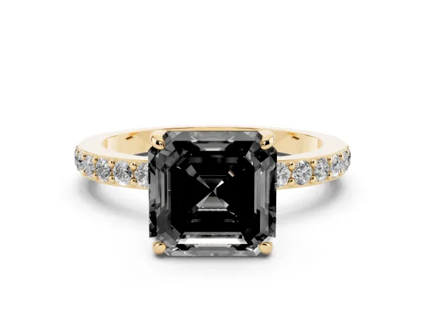 Fancy Black Asscher Cut Diamond Solitaire Engagement Ring with Pavé Band and Four-Prong Setting Yellow gold