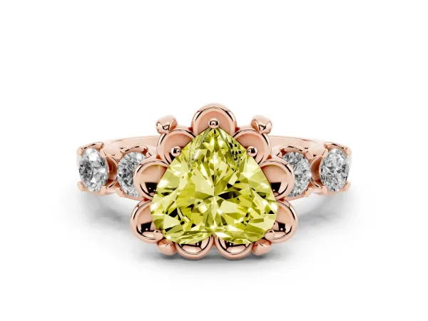 Fancy Yellow Heart Cut Cut Diamond Floral Halo Engagement Ring with Shared Prong Setting Rose gold