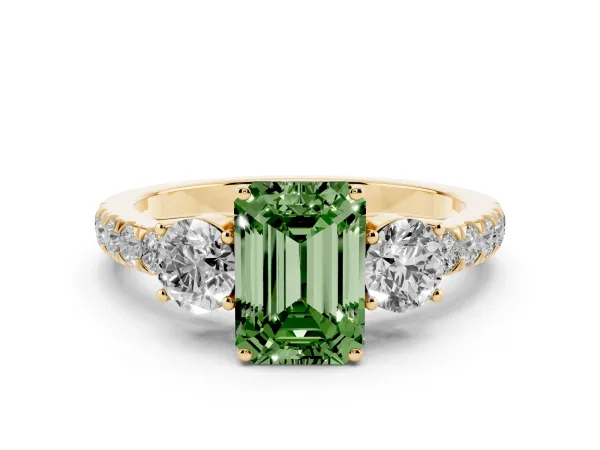 Fancy Green Emerald Cut Cut Diamond Three-Stone Ring with Round Side Stones and Pavé Band Yellow gold