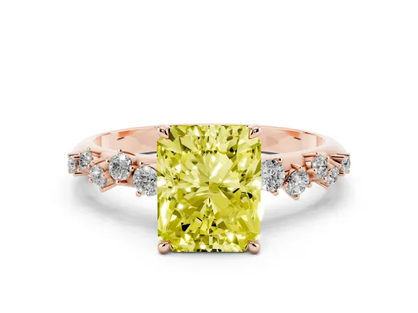 Fancy Yellow Radiant Cut Diamond Cluster Side Stone Solitaire Ring with Prong Setting Rose gold