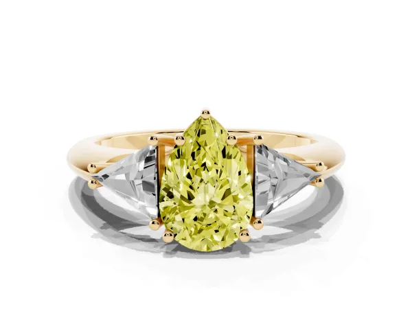 Fancy Yellow Three-Stone Pear Cut Diamond Engagement Ring with Trillion Side Stones and Prong Setting Yellow gold