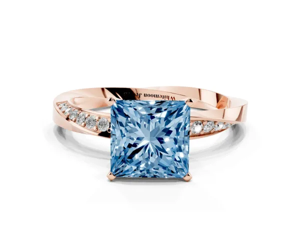 Fancy Blue Princess Cut Diamond Engagement Ring with Side Stone Accents and Four-Prong Setting Rose gold
