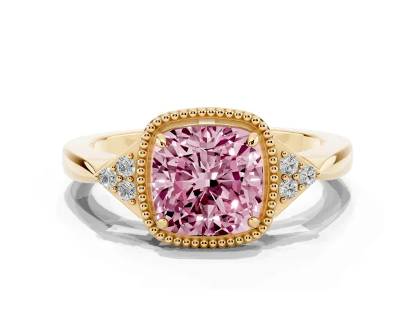 Fancy Pink Cushion Cut Diamond Halo Ring with Tapered Band and Four-Prong Setting Yellow gold