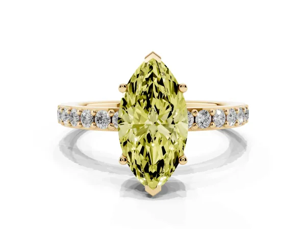 Fancy Yellow Marquise Cut Cut Diamond Solitaire with Pave Band and Four-Prong Setting Yellow gold