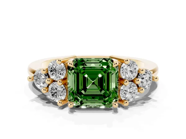 Fancy Green Asscher Cut Brilliant Diamond Cluster Accent Solitaire Ring with Prong Setting Yellow gold