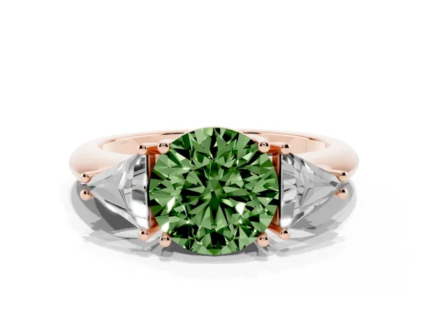Fancy Green Three-Stone Round Cut Diamond Engagement Ring with Trillion Side Stones and Prong Setting Rose gold