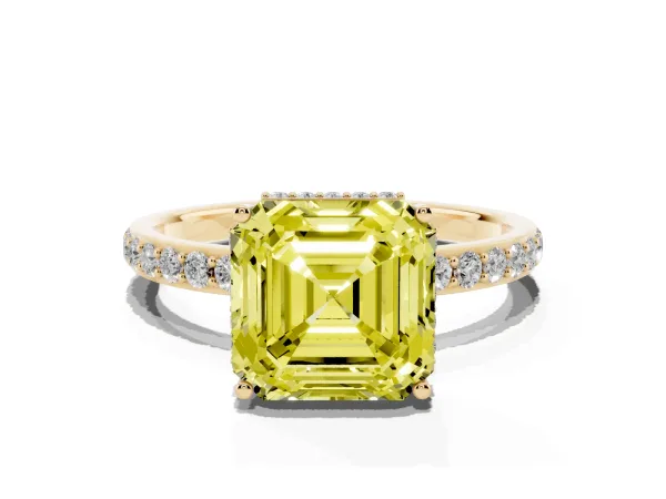Fancy Yellow Asscher Cut Diamond Solitaire Ring with Pavé Band and Hidden Halo Yellow gold