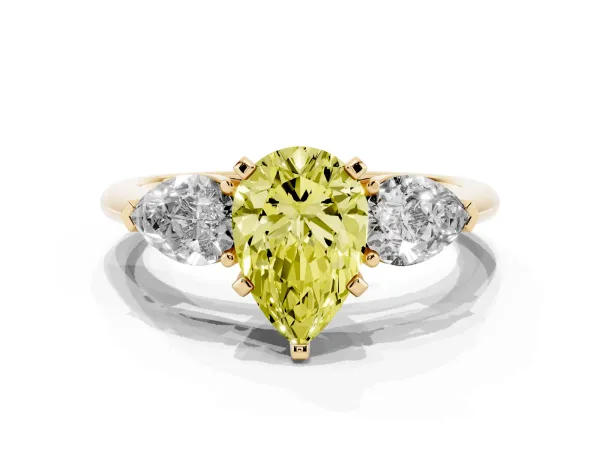 Fancy Yellow Three-Stone Pear Cut Diamond Ring with Pear Side Stones and Four-Prong Setting Yellow gold