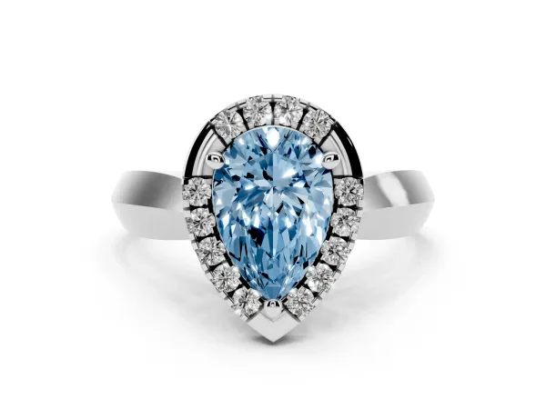 Fancy Blue Pear Cut Cut Halo Solitaire Engagement Ring with Square Band and Four-Prong Setting White gold