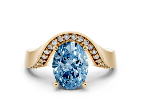 Fancy Blue Oval Cut Solitaire Diamond Engagement Ring with Pave Band and Four-Prong Setting Yellow gold