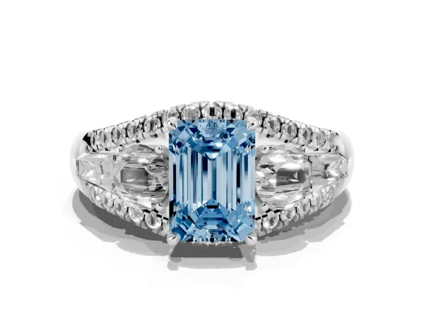 Fancy Blue Three-Stone Emerald Cut Diamond Engagement Ring with Pave Band and Prong Setting Platinum