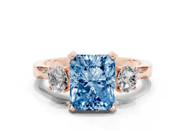 Fancy Blue Radiant Cut Brilliant Three-Stone Diamond Ring with Pavé Band and Four-Prong Setting Rose gold