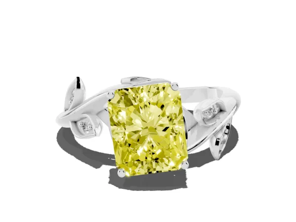 Fancy Yellow Radiant Cut Solitaire Twist Engagement Ring with Leaf Accents and Prong Setting White gold