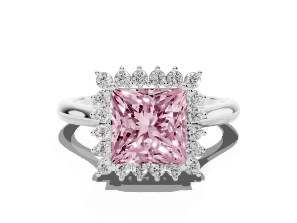 Fancy Pink Princess Cut Cut Diamond Halo Ring with Solitaire Band and Prong Setting Platinum