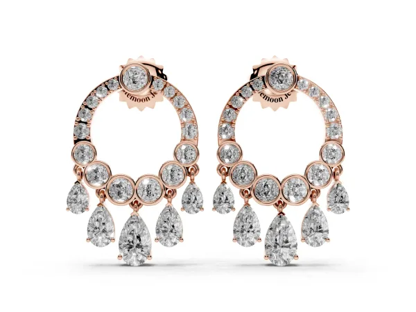 Round and Pear Diamond Dangle Earrings Rose gold