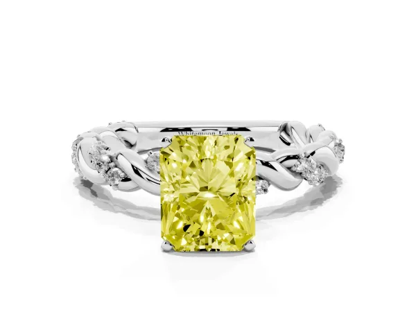Fancy Yellow Radiant Cut Diamond Solitaire Ring with Twisted Band and Pavé Accents Platinum
