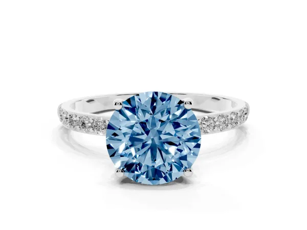 Fancy Blue Round Cut Diamond Solitaire Ring with Round Pavé Shoulders and Prong Setting Platinum