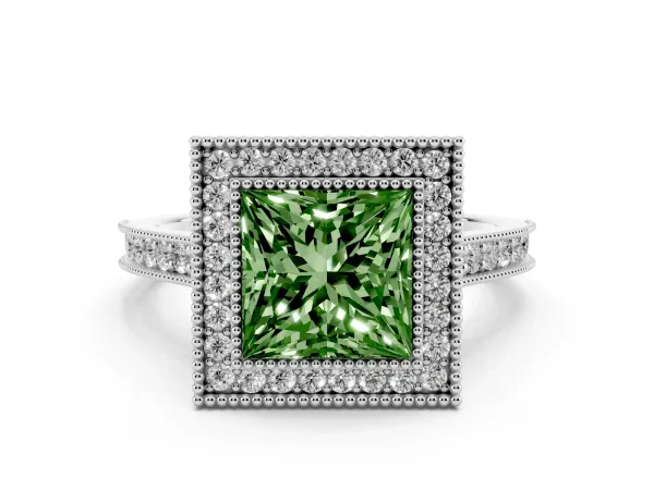 Fancy Green Halo Princess Cut-Cut Diamond Pave Band Milgrain Prong Setting Ring Platinum